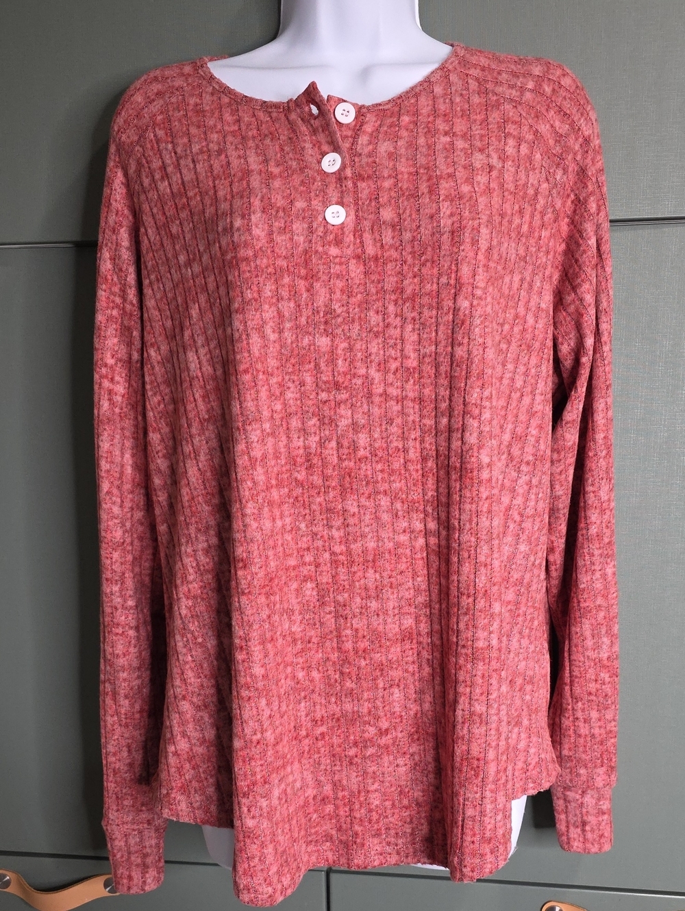 871. WIHOLL Cozy Ribbed Knit Long Sleeve Henley Top Pink XL NWT